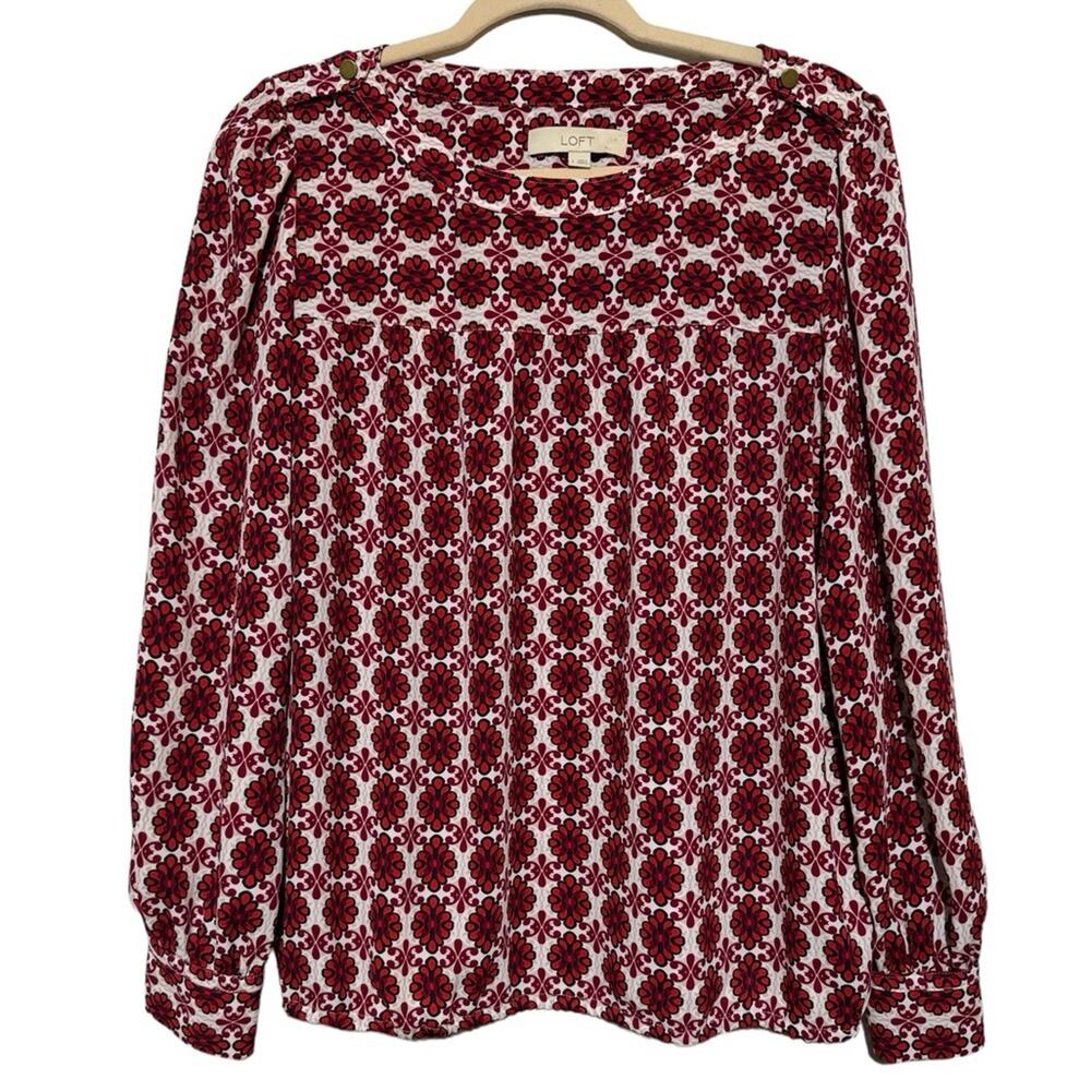 Loft Red White Black Floral Print Blouse Women’s Size Small